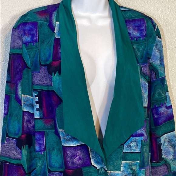 Vintage Green and Purple Geometric Blazer with Notched Lapels - Picture 3 of 7